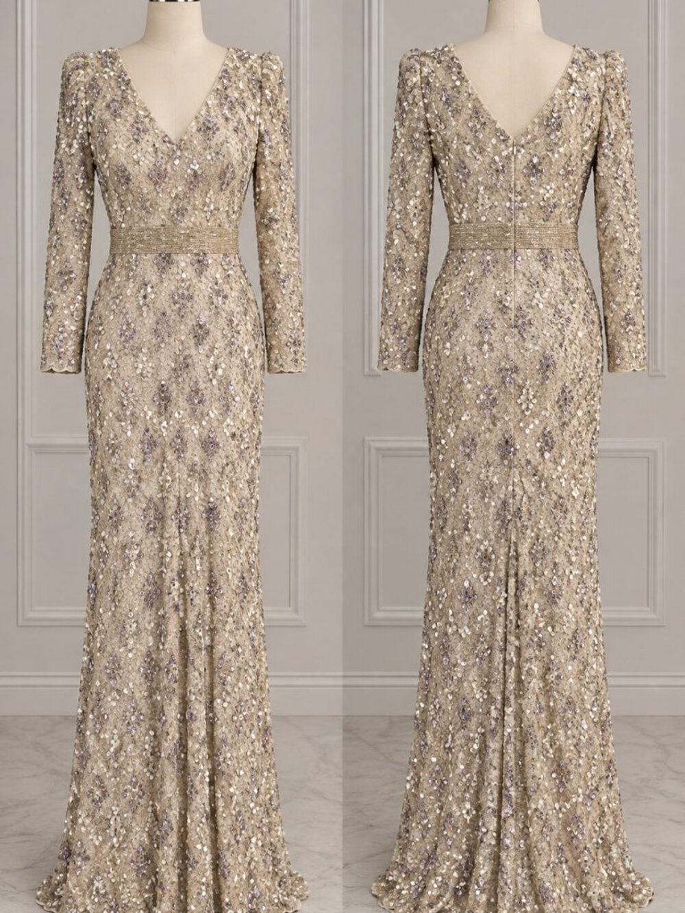 Mac Duggal Women's Size 10 Champagne Sequin Embellished Long Sleeve Gown NWT